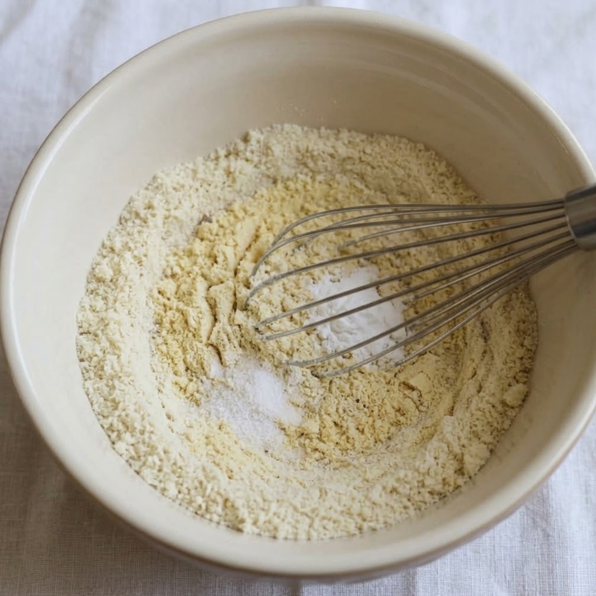 A close-up view of a wire whisk actively blending pale almond flour, vanilla protein powder, baking soda, and salt inside a light cream ceramic bowl.