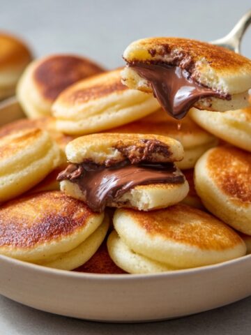 A bowl of golden Nutella Filled Mini Pancake Bombs, with one split open revealing a gooey Nutella center, and a spoon lifting another dripping with melted chocolate.