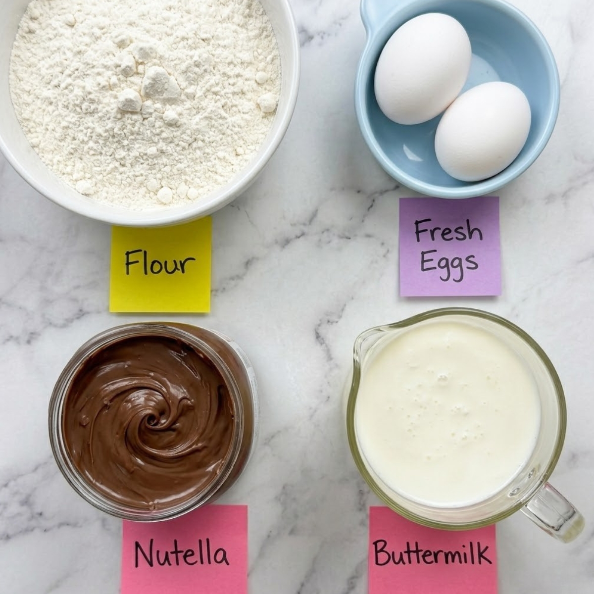 Flat lay of all-purpose flour, a jar of Nutella, buttermilk, and fresh eggs with handwritten labels on a marble counter.