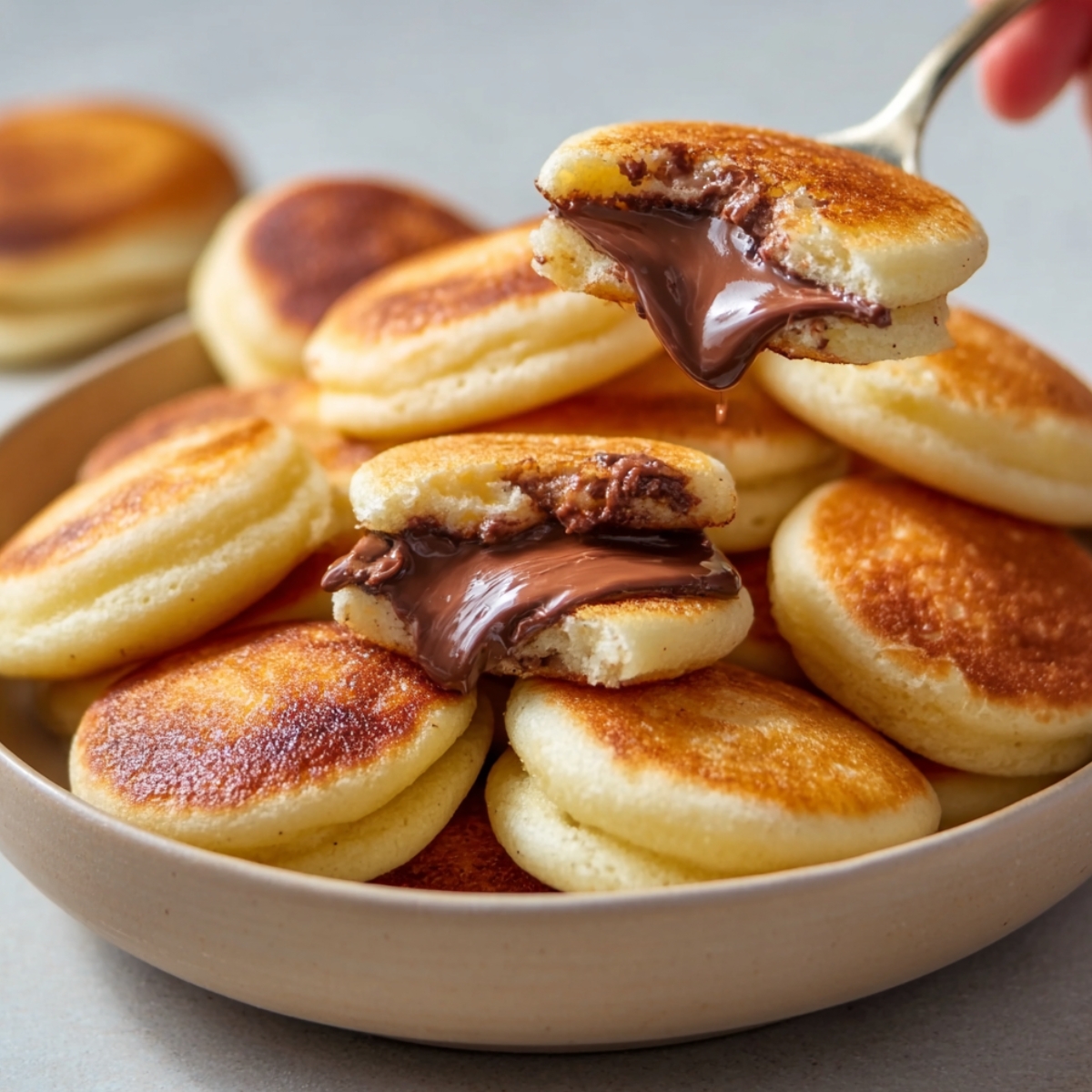 A bowl of golden Nutella Filled Mini Pancake Bombs, with one split open revealing a gooey Nutella center, and a spoon lifting another dripping with melted chocolate.