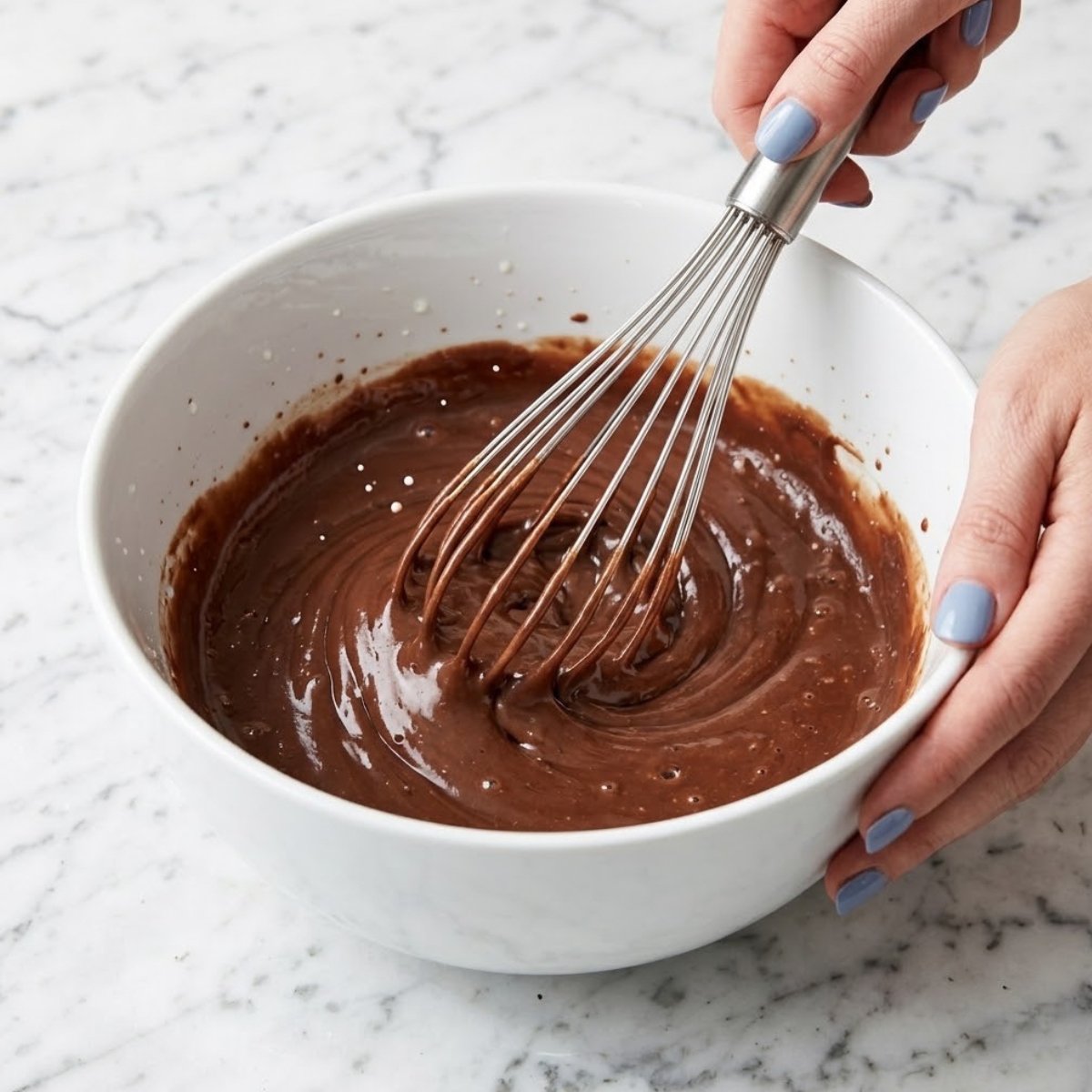 Extreme close-up of chocolate pudding being whisked in a white bowl on a marble surface, showing a glossy and thick texture.