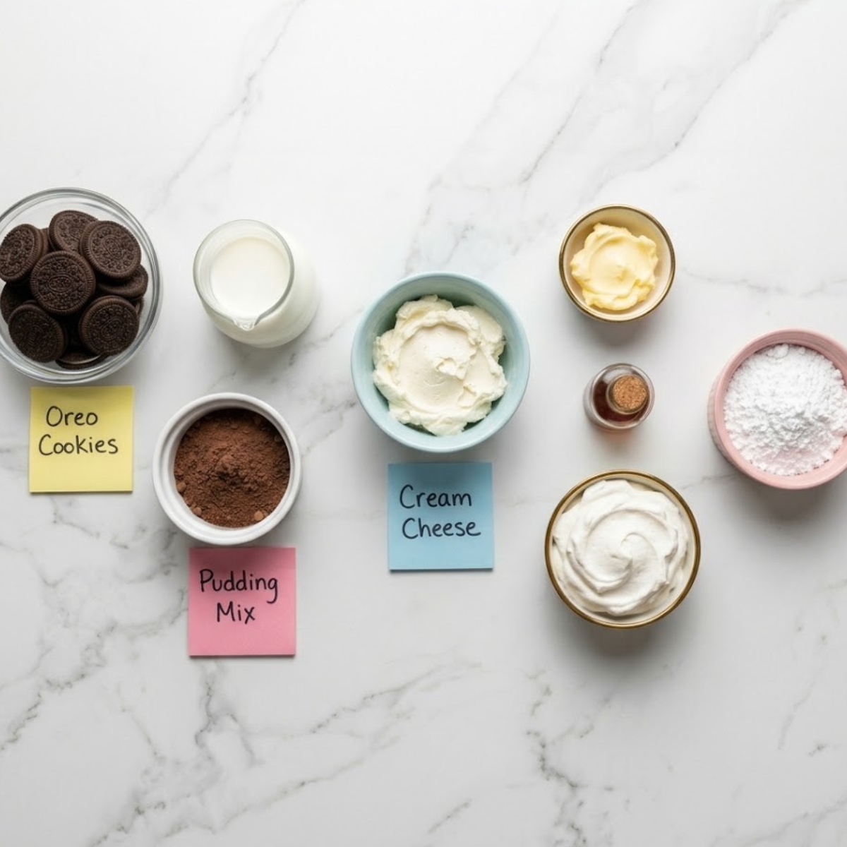 Overhead knolling shot of Oreo Dirt Cake ingredients in colorful bowls and ramekins on a marble counter with handwritten sticky notes.