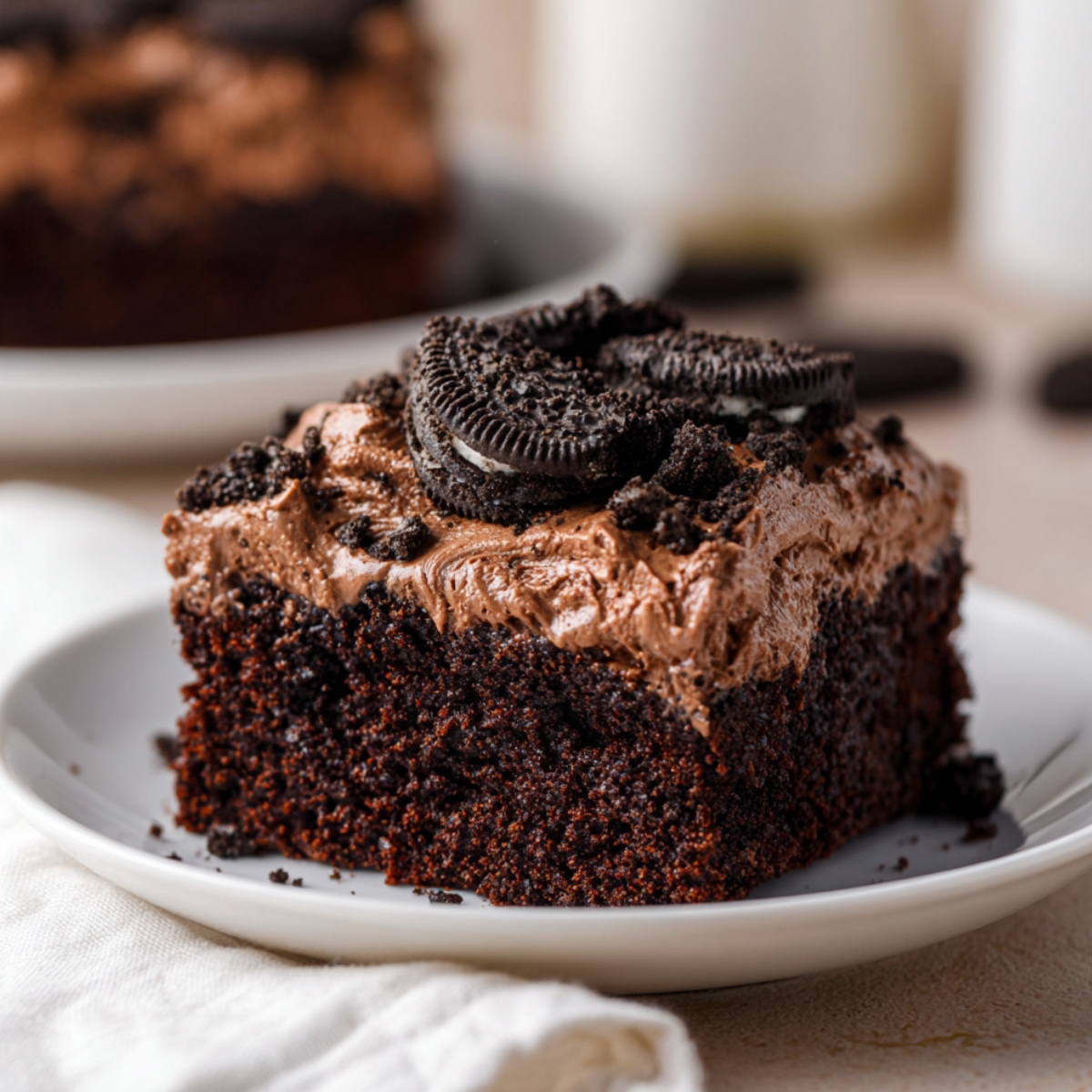A generous square slice of deep dark chocolate Oreo dirt cake on a white ceramic plate, featuring a dense moist chocolate cake base topped with swirled chocolate cream frosting sprinkled with crushed Oreo crumbs and garnished with a whole Oreo cookie on top, with the remaining cake and a glass of milk softly blurred in the background on a cream linen surface.