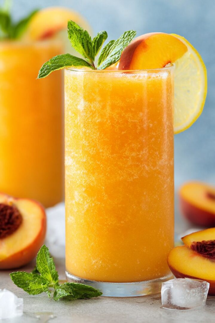 Two tall glasses of frozen Peach Lemonade with a golden orange hue, garnished with a fresh peach slice, lemon wheel, and mint, surrounded by fresh peaches and ice cubes.