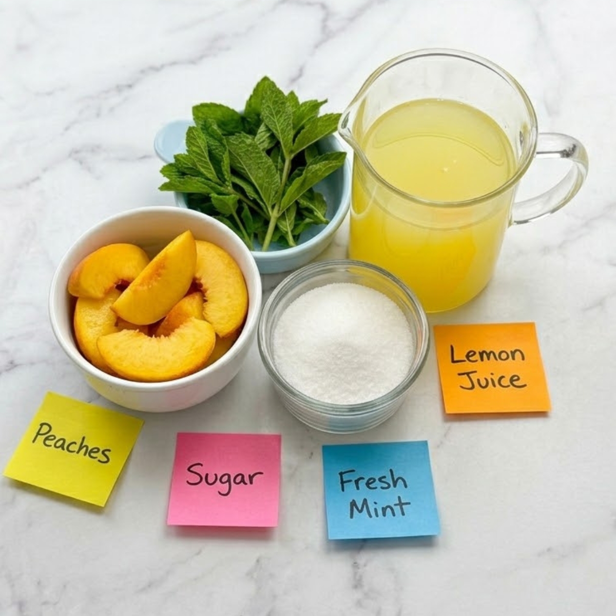 Flat lay of sliced ripe peaches, fresh lemon juice, granulated sugar, and mint sprigs with handwritten labels on a marble counter.