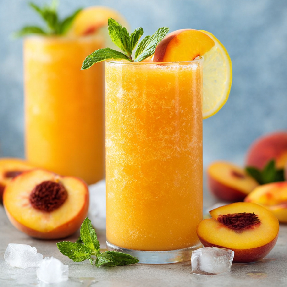 Two tall glasses of frozen Peach Lemonade with a golden orange hue, garnished with a fresh peach slice, lemon wheel, and mint, surrounded by fresh peaches and ice cubes.