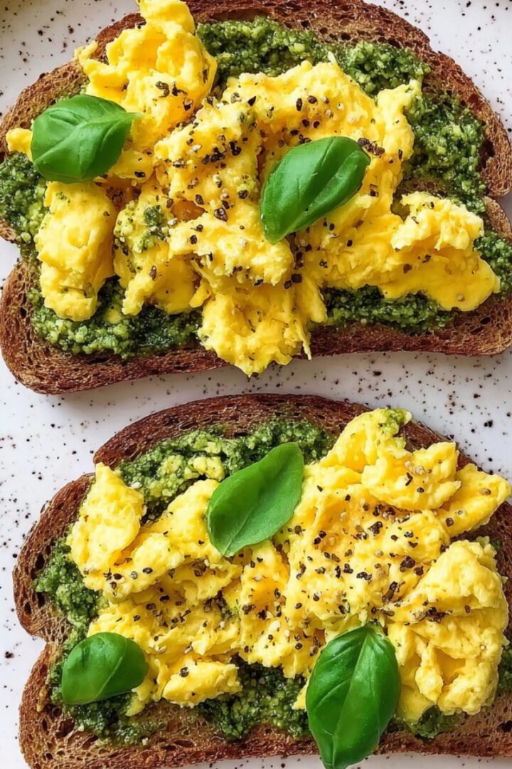 Overhead view of two slices of dark whole grain toast on a white speckled ceramic plate, each spread with a layer of vibrant green basil pesto and topped with fluffy bright yellow scrambled eggs seasoned with cracked black pepper, garnished with fresh whole basil leaves.