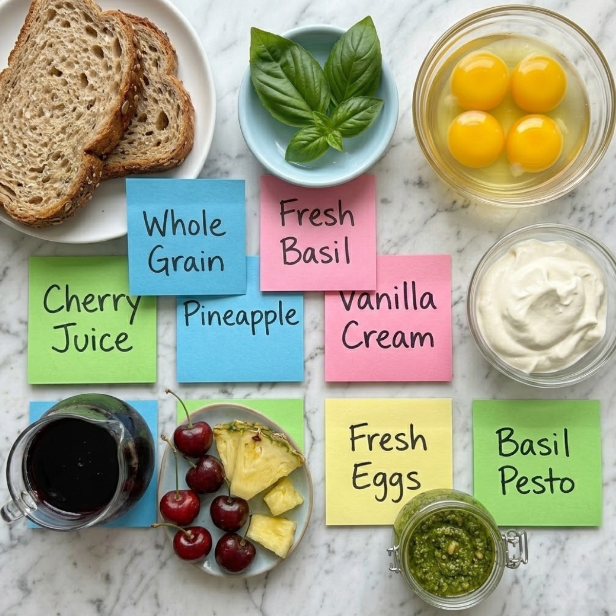 Flat lay of rustic whole grain bread, raw eggs, green basil pesto, and fresh basil leaves with handwritten labels on a marble counter.