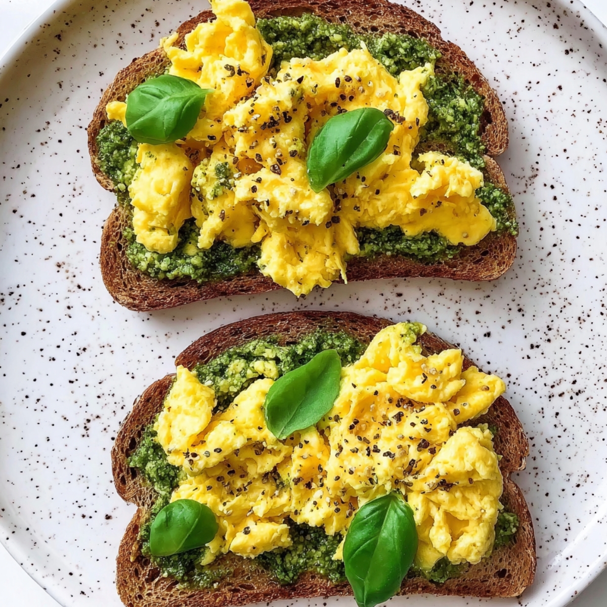 Overhead view of two slices of dark whole grain toast on a white speckled ceramic plate, each spread with a layer of vibrant green basil pesto and topped with fluffy bright yellow scrambled eggs seasoned with cracked black pepper, garnished with fresh whole basil leaves.
