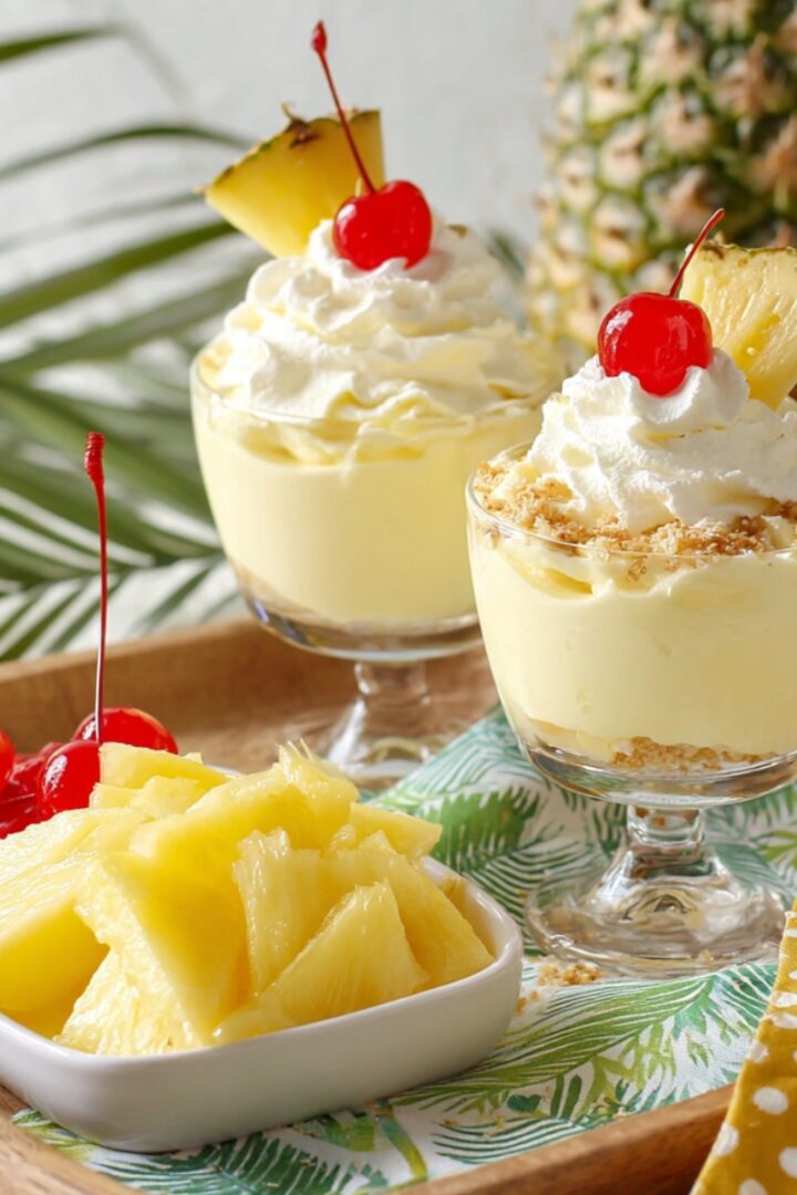 Two glass dessert cups filled with creamy pina colada cheesecake mousse layered over graham cracker crumble, topped with whipped cream, maraschino cherries, and pineapple wedges, served alongside a bowl of pineapple chunks with a tropical pineapple and palm leaf backdrop.