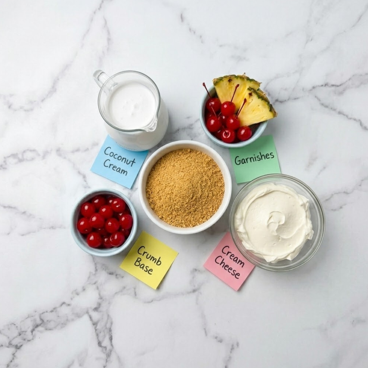 Flat lay of graham cracker crumbs, cream cheese, coconut cream, and fresh pineapple garnishes with handwritten labels on a marble counter.