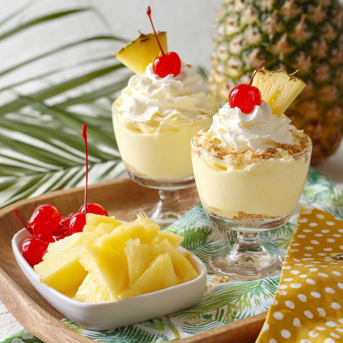 Two glass dessert cups filled with creamy pina colada cheesecake mousse layered over graham cracker crumble, topped with whipped cream, maraschino cherries, and pineapple wedges, served alongside a bowl of pineapple chunks with a tropical pineapple and palm leaf backdrop.