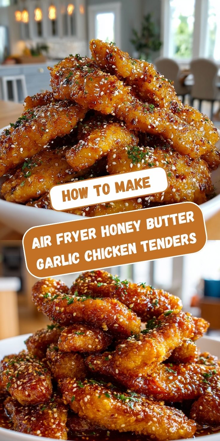 Pinterest-style recipe pin titled "How to Make Air Fryer Honey Butter Garlic Chicken Tenders" featuring two food photos. The top image shows a wide overhead view of a white ceramic bowl piled high with golden-brown honey butter garlic chicken tenders coated in shiny amber glaze, sprinkled with sesame seeds and chopped parsley, with a bright upscale kitchen visible in the soft-focus background. The bottom image is a closer angled shot of the same sticky glazed chicken tenders stacked on a white plate, highlighting the crispy caramelized texture, sesame seed coating, and glistening honey butter garlic sauce with a warm-toned blurred background.