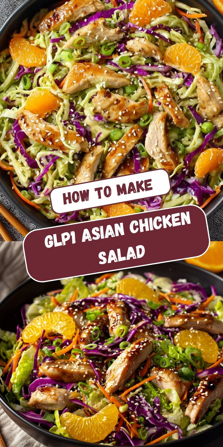 Pinterest-style recipe pin titled "How to Make GLP1 Asian Chicken Salad" featuring two food photos. The top image shows a close overhead view of a dark ceramic bowl packed with colorful shredded green and purple cabbage, julienned carrots, mandarin orange segments, and glazed teriyaki chicken strips sprinkled with sesame seeds and sliced green onions, with wooden tongs and a fresh orange slice visible at the edges. The bottom image is an angled close-up of the same vibrant salad highlighting the bold purple cabbage ribbons, bright orange mandarin segments, caramelized glazed chicken strips, sesame seeds, and green onions, served in a dark bowl on a gray linen surface.
