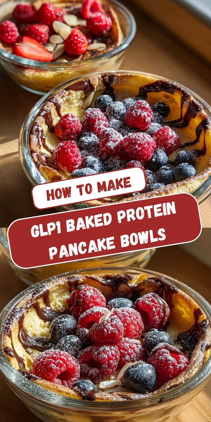 Pinterest-style recipe pin titled "How to Make GLP1 Baked Protein Pancake Bowls" featuring three food photos. The top image shows two clear glass baking bowls with golden baked protein pancake, the foreground bowl topped with fresh raspberries, blueberries, and a chocolate drizzle dusted with powdered sugar, and the background bowl garnished with strawberries, raspberries, and sliced almonds, bathed in warm sunlight on a wooden surface. The middle and bottom images are progressively closer angled views of the same berry and chocolate drizzle pancake bowl, highlighting the fluffy golden baked pancake base with caramelized edges, generous fresh raspberries and blueberries, swirls of dark chocolate sauce, and a delicate dusting of powdered sugar in warm natural light.