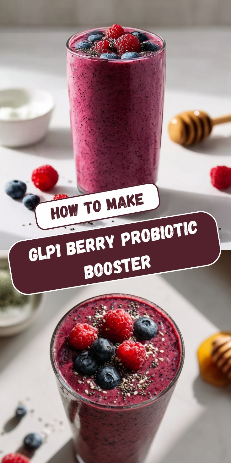 Pinterest-style recipe pin titled "How to Make GLP1 Berry Probiotic Booster" featuring two food photos. The top image shows a tall clear glass filled with a deep purple-crimson berry smoothie speckled with chia seeds, topped with fresh raspberries and blueberries, with scattered fresh berries, a small white bowl, and a wooden honey dipper on a light gray surface. The bottom image is a closer overhead view looking down into the same smoothie glass, showcasing a generous arrangement of plump fresh blueberries and raspberries beautifully arranged on top with chia seeds sprinkled throughout, with a honey dipper and small dish of green powder partially visible alongside on the white surface.