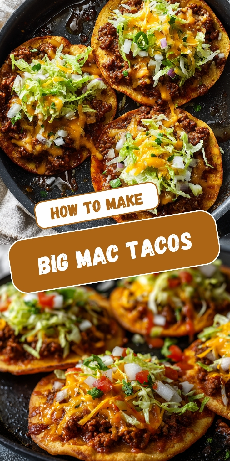 A Pinterest recipe graphic titled "HOW TO MAKE BIG MAC TACOS," split into two vertically stacked images. The top image shows an overhead view of three open-faced tacos in a skillet, topped with ground beef, melted cheese, shredded lettuce, and diced onions. A prominent brown text box in the middle features the recipe title in bold white lettering. The bottom image shows a close-up, angled shot of similar tacos, additionally garnished with diced tomatoes and fresh cilantro.
