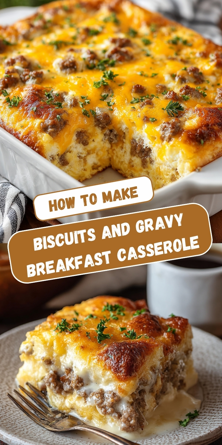 A Pinterest collage showing two views of a biscuits and gravy breakfast casserole with golden melted cheddar, seasoned sausage, and creamy gravy over a fluffy biscuit base, garnished with fresh parsley, with text overlay reading 'How to Make Biscuits and Gravy Breakfast Casserole.