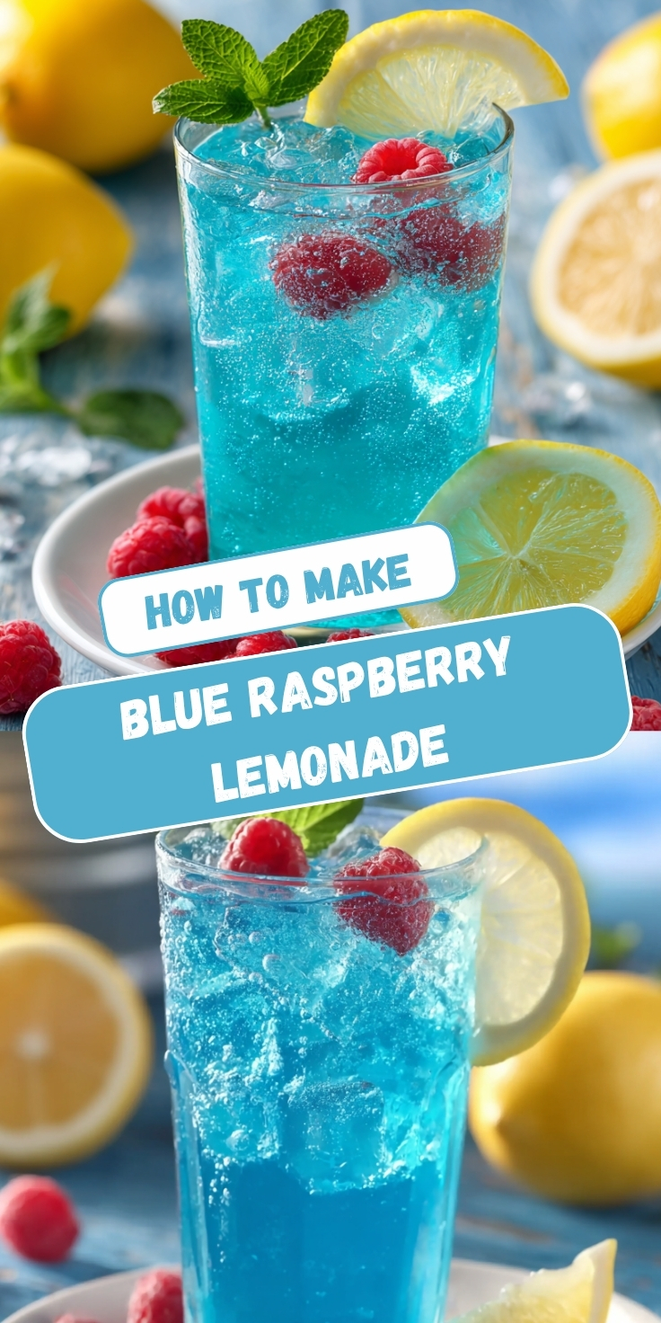 Pinterest-style recipe pin titled "How to Make Blue Raspberry Lemonade" featuring two food photos. The top image shows a tall clear glass filled with vibrant electric blue raspberry lemonade packed with crushed ice and fresh raspberries, garnished with a lemon wedge and fresh mint sprig, on a white plate surrounded by fresh raspberries and lemon slices with whole and halved lemons softly blurred on a light blue wooden surface. The bottom image is a slightly closer view of the same bright blue iced drink garnished with a lemon wheel and fresh raspberries, with halved lemons and scattered raspberries framing the glass against the same sunny light blue background.