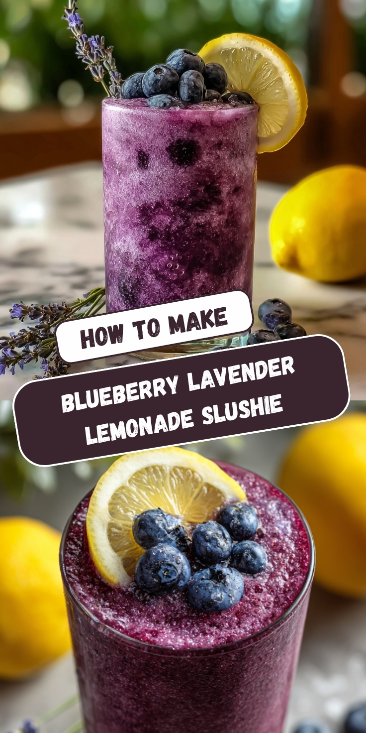 Two views of a vibrant purple Blueberry Lavender Lemonade Slushie topped with fresh blueberries, a lemon slice, and a lavender sprig, surrounded by fresh lemons.