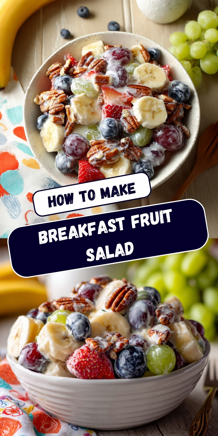 A Pinterest collage showing two views of a creamy breakfast fruit salad with banana slices, blueberries, strawberries, green and red grapes, and pecans in a yogurt dressing, with text overlay reading 'How to Make Breakfast Fruit Salad.
