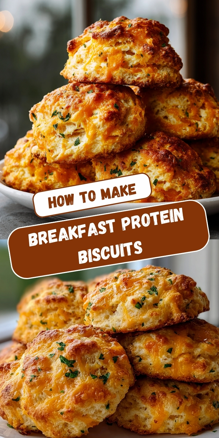 Pinterest-style recipe pin titled "How to Make Breakfast Protein Biscuits" featuring two food photos. The top image shows a generous pile of golden-baked cheesy protein biscuits stacked in a white bowl, each with a rustic drop-biscuit texture, caramelized cheddar cheese crust, and fresh herb flecks, with a bright window and blurred greenery in the background. The bottom image is a closer angled view of the same cheesy herb-flecked protein biscuits stacked in a casual pyramid arrangement, highlighting the golden-orange melted cheddar crust, fluffy interior texture, and chopped fresh parsley scattered across each biscuit on a light surface.