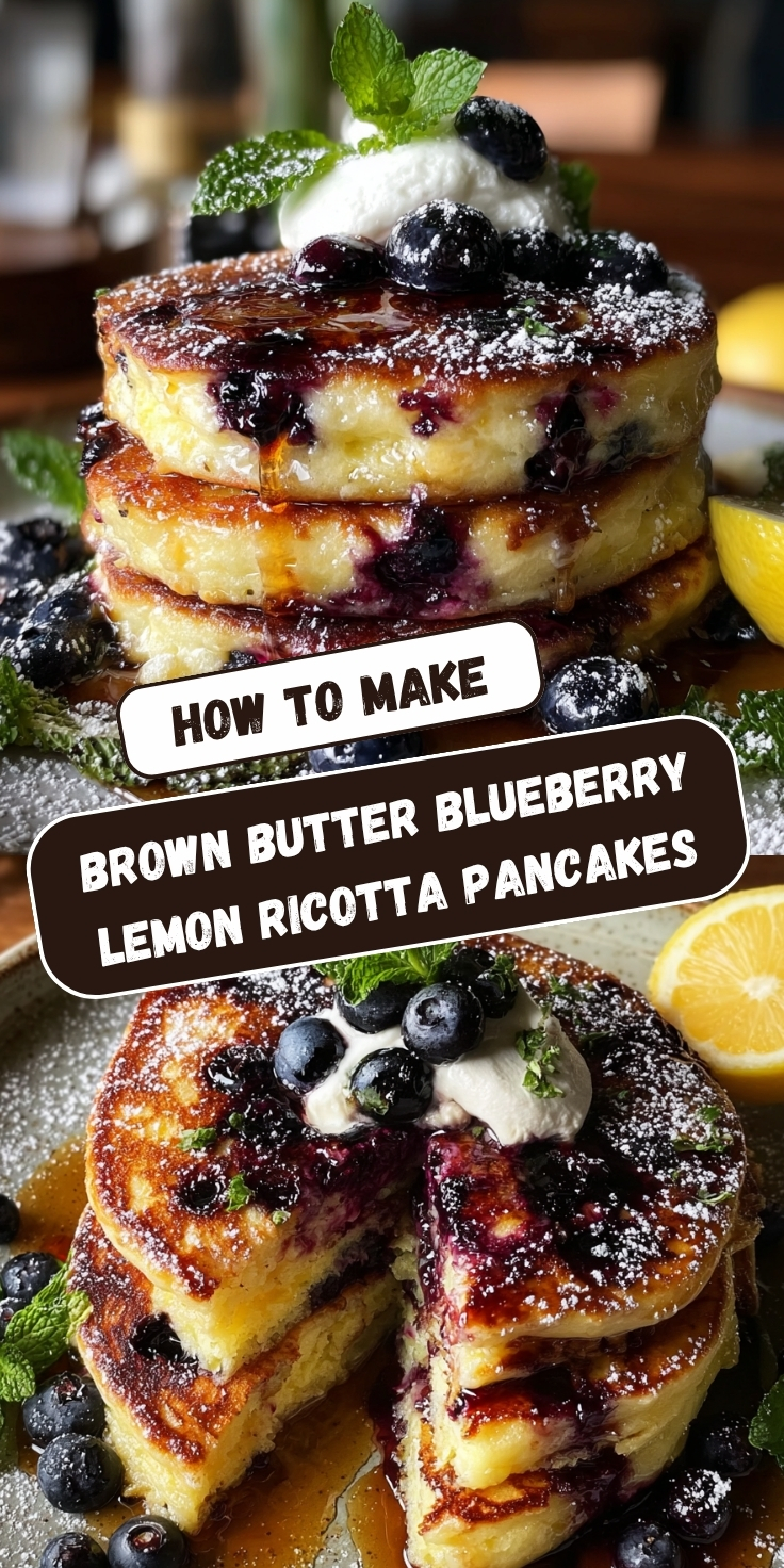 Two views of a stack of Brown Butter Blueberry Lemon Ricotta Pancakes loaded with fresh blueberries, drizzled with maple syrup, dusted with powdered sugar, and topped with whipped cream and fresh mint.