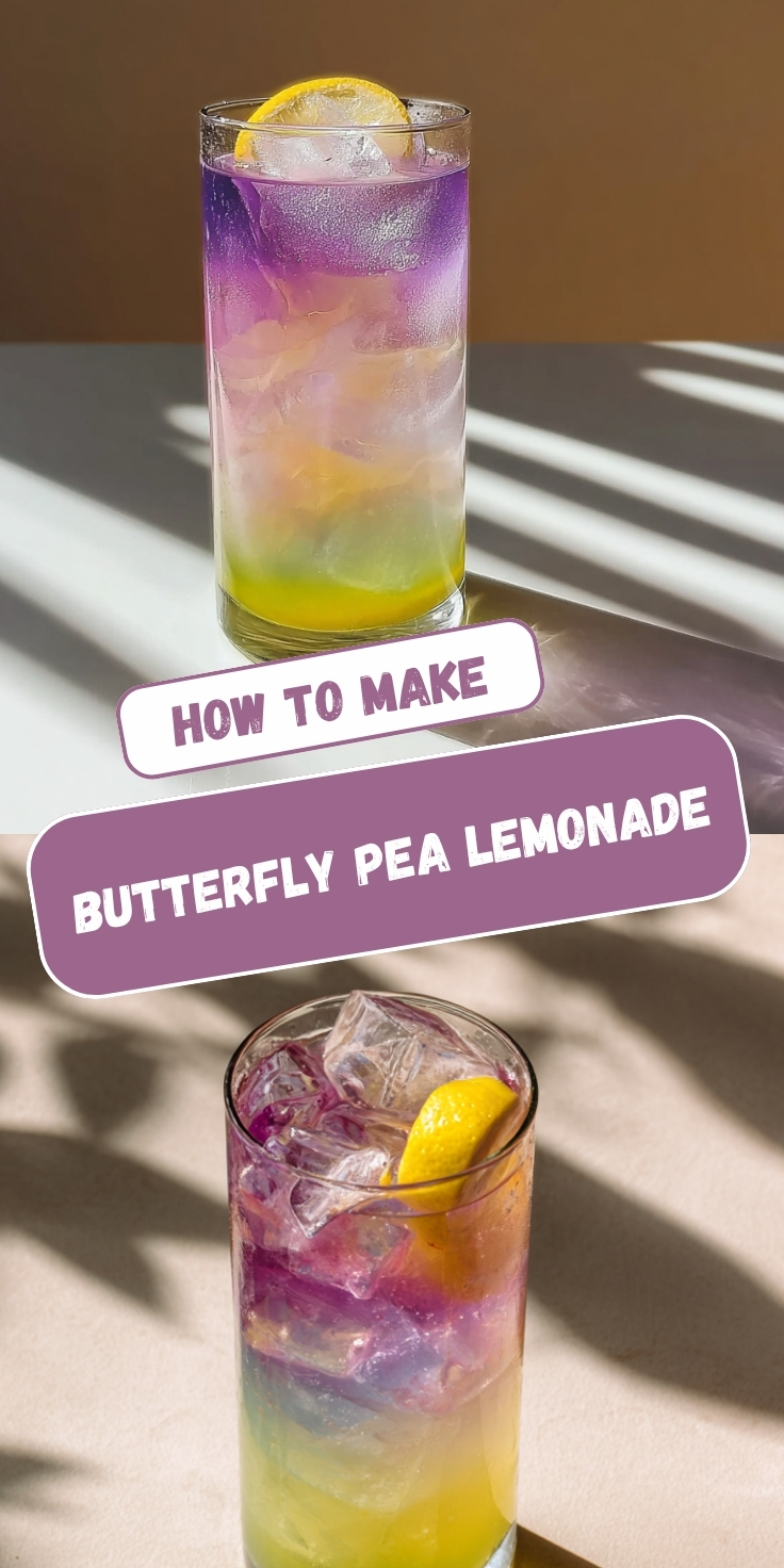 Pinterest-style recipe pin titled "How to Make Butterfly Pea Lemonade" featuring two food photos. The top image shows a full-length view of a condensation-covered tall clear glass with a breathtaking natural ombre gradient from bright golden yellow lemonade at the base fading through pale lavender to deep violet purple at the top, garnished with a lemon wedge, with dramatic striped sunlight shadows cast across a white surface against a warm tan background. The bottom image is a closer angled view of the same color-changing butterfly pea lemonade in a tall glass, showing the vivid purple-tinted ice cubes and golden yellow base more prominently with a lemon wedge garnish, bathed in the same dramatic natural sunlight and shadow pattern on a light surface.