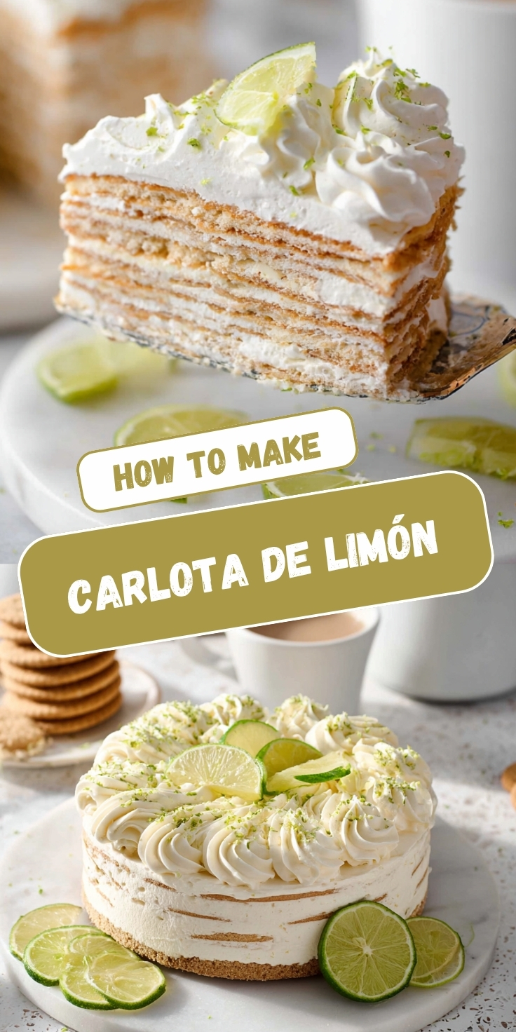 Pinterest-style recipe pin titled "How to Make Carlota de Limón" featuring two food photos. The top image shows a slice of Carlota de Limón being lifted on a cake server, displaying beautiful distinct alternating layers of golden Maria cookies and creamy white lime filling, topped with generous swirled whipped cream, lime zest, and a fresh lime wheel, with sliced limes scattered on a white marble surface and a blurred cake and coffee cup in the background. The bottom image shows the whole intact Carlota de Limón on a white cake plate, decorated with a beautiful ring of piped whipped cream rosettes dusted with lime zest and adorned with fresh lime wheels around the top, with lime slices surrounding the base, a stack of Maria cookies and white cups softly blurred in the background.