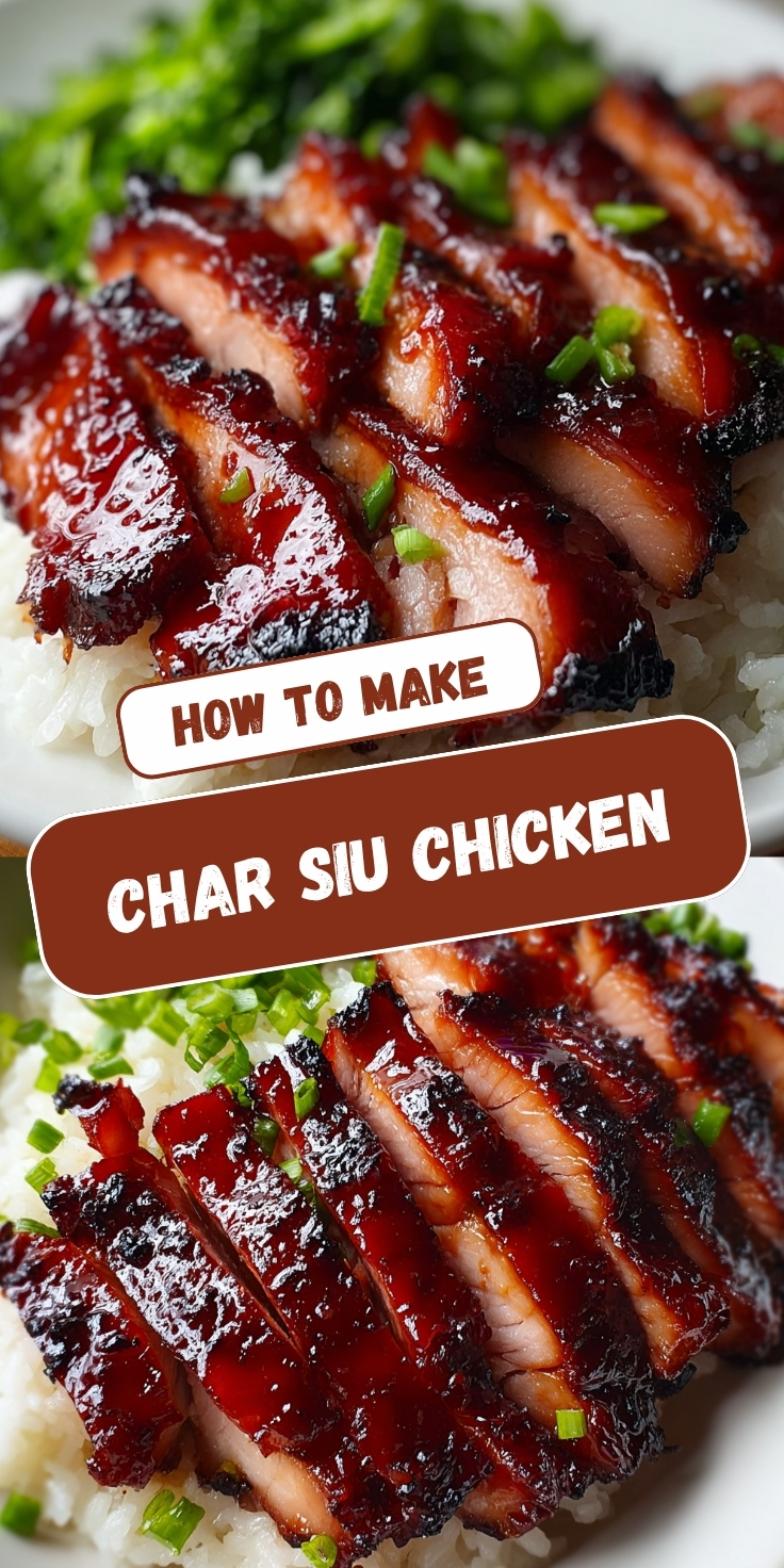 Pinterest-style recipe pin titled "How to Make Char Siu Chicken" featuring two food photos. The top image shows sliced char siu chicken with a deeply caramelized, glossy dark red lacquered exterior fanned out over a bed of steamed white rice, garnished with sliced green onions, with fresh greens visible in the soft-focus background. The bottom image is a closer angled view of the same beautifully charred and glazed chicken slices resting on white rice, highlighting the sticky caramelized crust with dark charred edges, juicy pale interior, and green onion garnish on a white plate.