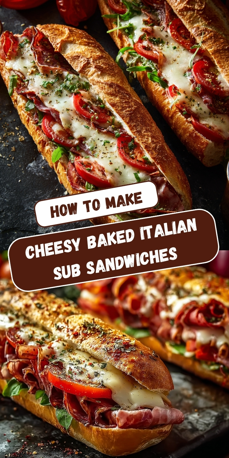 Pinterest-style recipe pin titled "How to Make Cheesy Baked Italian Sub Sandwiches" featuring two food photos. The top image is a direct overhead view of two open-faced Italian sub sandwiches on a dark surface, showing golden-toasted baguette rolls loaded with curled salami, sliced tomatoes, fresh basil and herbs, and bubbling melted mozzarella cheese stretched across the full length of each sandwich. The bottom image is a close angled side view of the same sandwiches, highlighting the generous layers of rolled Italian cured meats, roasted red peppers, fresh basil, and pools of melted cheese seasoned with dried herbs and spices on the crusty golden bread, with additional sandwiches and fresh produce softly blurred in the background.
