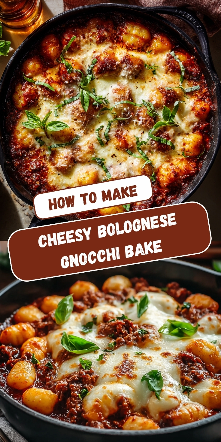 Pinterest-style recipe pin titled "How to Make Cheesy Bolognese Gnocchi Bake" featuring two food photos. The top image is a direct overhead view of a cast iron skillet filled with golden gnocchi and rich meat bolognese sauce blanketed in bubbling golden-browned melted mozzarella, garnished with whole and shredded fresh basil leaves, with a glass and linen napkin partially visible at the edges on a marble surface. The bottom image is an angled close-up view of the same cast iron skillet, highlighting the pillowy gnocchi peeking through the rich deep red bolognese sauce and pools of melted stretchy white mozzarella cheese, dotted with vibrant fresh basil leaves, on a dark warm-toned surface.