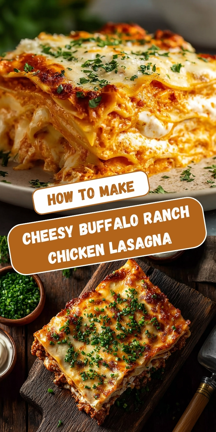 Pinterest-style recipe pin titled "How to Make Cheesy Buffalo Ranch Chicken Lasagna" featuring two food photos. The top image shows a close angled view of a thick serving of buffalo ranch chicken lasagna on a beige plate, highlighting the multiple golden pasta layers alternating with vibrant orange buffalo chicken filling and creamy white cheese pockets, topped with a bubbling browned mozzarella crust garnished with chopped fresh parsley, with blurred greenery in the background. The bottom image shows a neatly plated square portion of the lasagna served on a rustic dark wooden board, topped with golden melted cheese and finely chopped fresh chives, with a small wooden bowl of chives, a knife, and a small dipping sauce visible alongside on the dark wood surface.