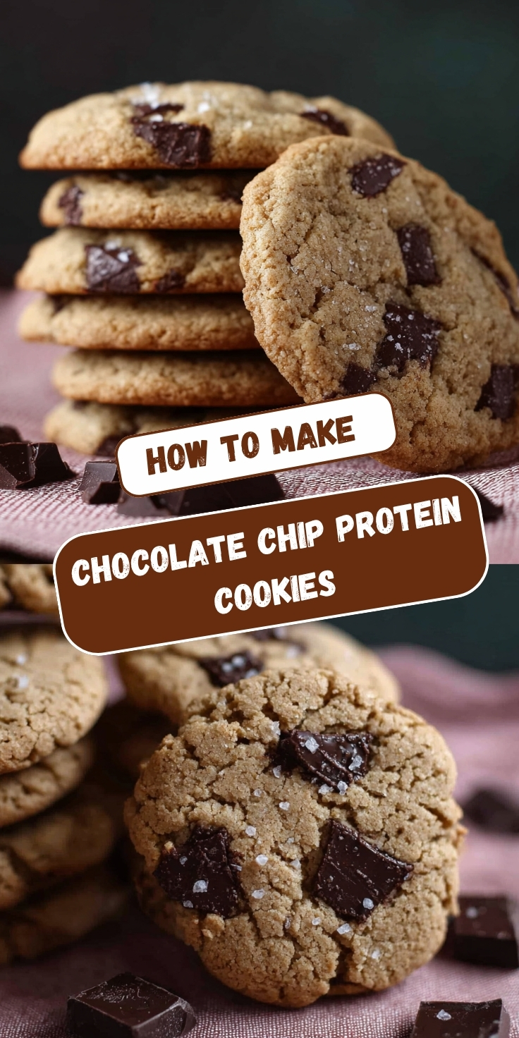 Pinterest-style recipe pin titled "How to Make Chocolate Chip Protein Cookies" featuring two food photos. The top image shows a tall stack of five golden-brown protein cookies loaded with large dark chocolate chunks and flaky sea salt, with one cookie leaning against the stack, displayed on a dusty pink linen with scattered chocolate pieces and a dark green background. The bottom image is a close-up view of a single cookie in the foreground showing its crinkled texture, generous dark chocolate chunks, and flaky sea salt finish, with additional cookies and chocolate pieces softly blurred in the background.