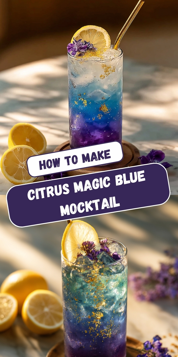 A Pinterest collage showing two views of a Citrus Magic Blue Mocktail — a tall glass with a blue-to-purple ombre gradient, gold shimmer, ice, lemon slice, purple edible flowers, and a gold straw, with text overlay reading 'How to Make Citrus Magic Blue Mocktail.