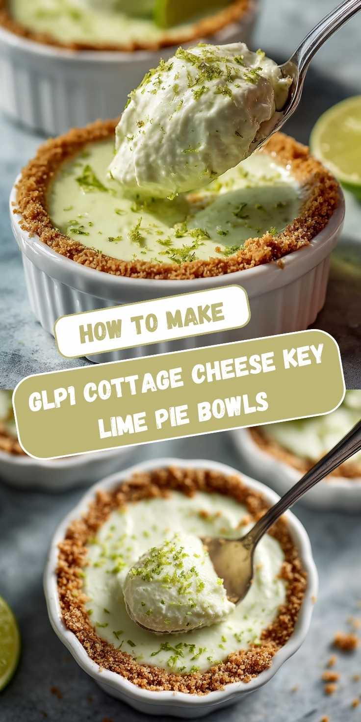 Pinterest-style recipe pin titled "How to Make GLP1 Cottage Cheese Key Lime Pie Bowls" featuring two food photos. The top image shows a close-up of a white ribbed ramekin with a golden graham cracker crust filled with pale green key lime filling, with a silver spoon lifting a generous scoop of fluffy lime-zest-topped cottage cheese cream above the bowl, with a lime wedge and a second ramekin softly blurred in the background on a gray surface. The bottom image is an overhead angled view of the same dessert bowl showing the complete graham cracker crust rim, the smooth pale green key lime filling, and a dollop of creamy cottage cheese topping sprinkled with fresh lime zest, with a spoon resting in the bowl and scattered graham cracker crumbs and a lime wedge visible alongside on the gray surface.
