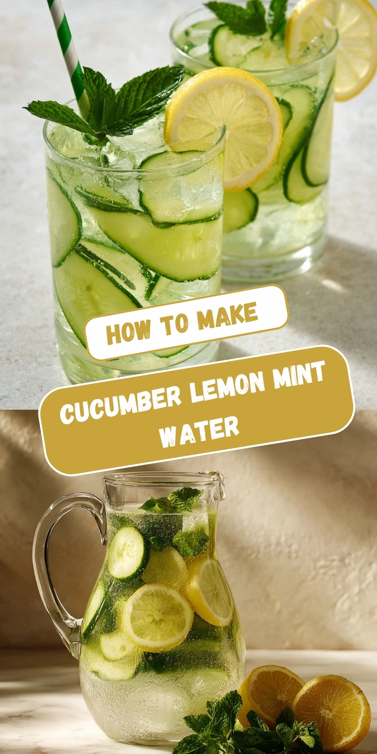 Pinterest-style recipe pin titled "How to Make Cucumber Lemon Mint Water" featuring two food photos. The top image shows two clear glass tumblers filled with pale green cucumber lemon mint infused water packed with ice and sliced cucumbers, garnished with lemon wheels on the rim, fresh mint sprigs, and green and white striped paper straws, on a light gray surface with soft natural shadows. The bottom image shows a clear glass pitcher filled with the same refreshing infused water featuring whole cucumber rounds, lemon slices, and fresh mint leaves, placed on a warm beige surface with halved lemons and a mint sprig arranged beside it.