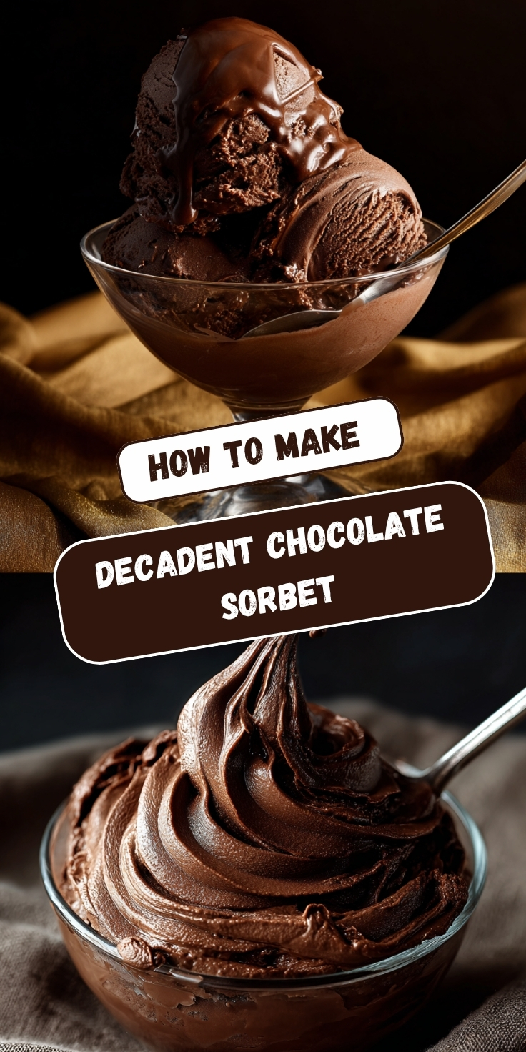 "Two views of Decadent Chocolate Sorbet — scoops of rich dark chocolate sorbet drizzled with chocolate sauce in a glass dish, and a close-up swirl of smooth, velvety chocolate sorbet with a spoon."
