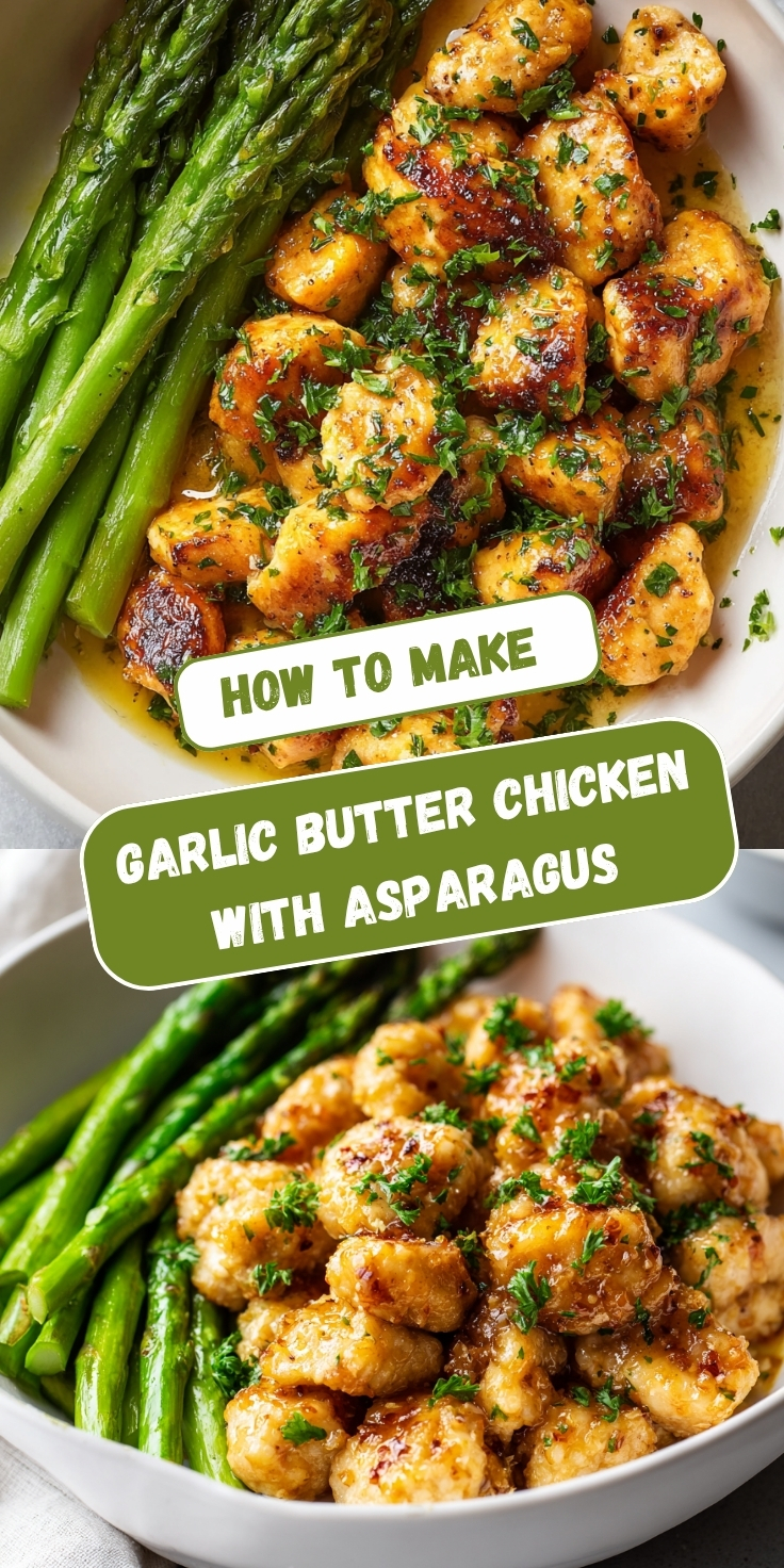 Two views of Garlic Butter Chicken bites with sautéed asparagus, coated in a golden garlic butter sauce and garnished with fresh chopped parsley in a white bowl.