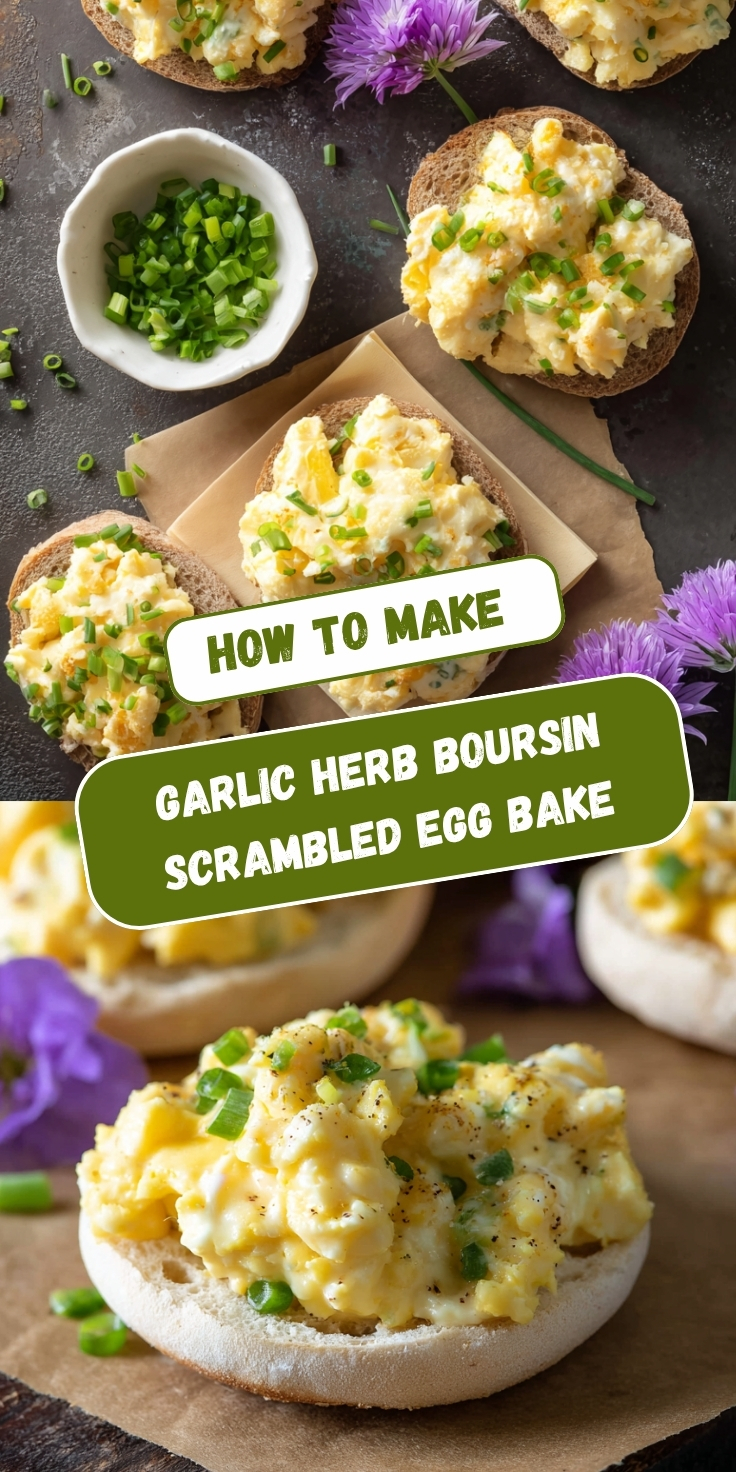 Two views of Garlic Herb Boursin Scrambled Egg Bake piled on toasted bread, garnished with sliced green onions, with purple chive flowers and a bowl of chopped chives nearby.