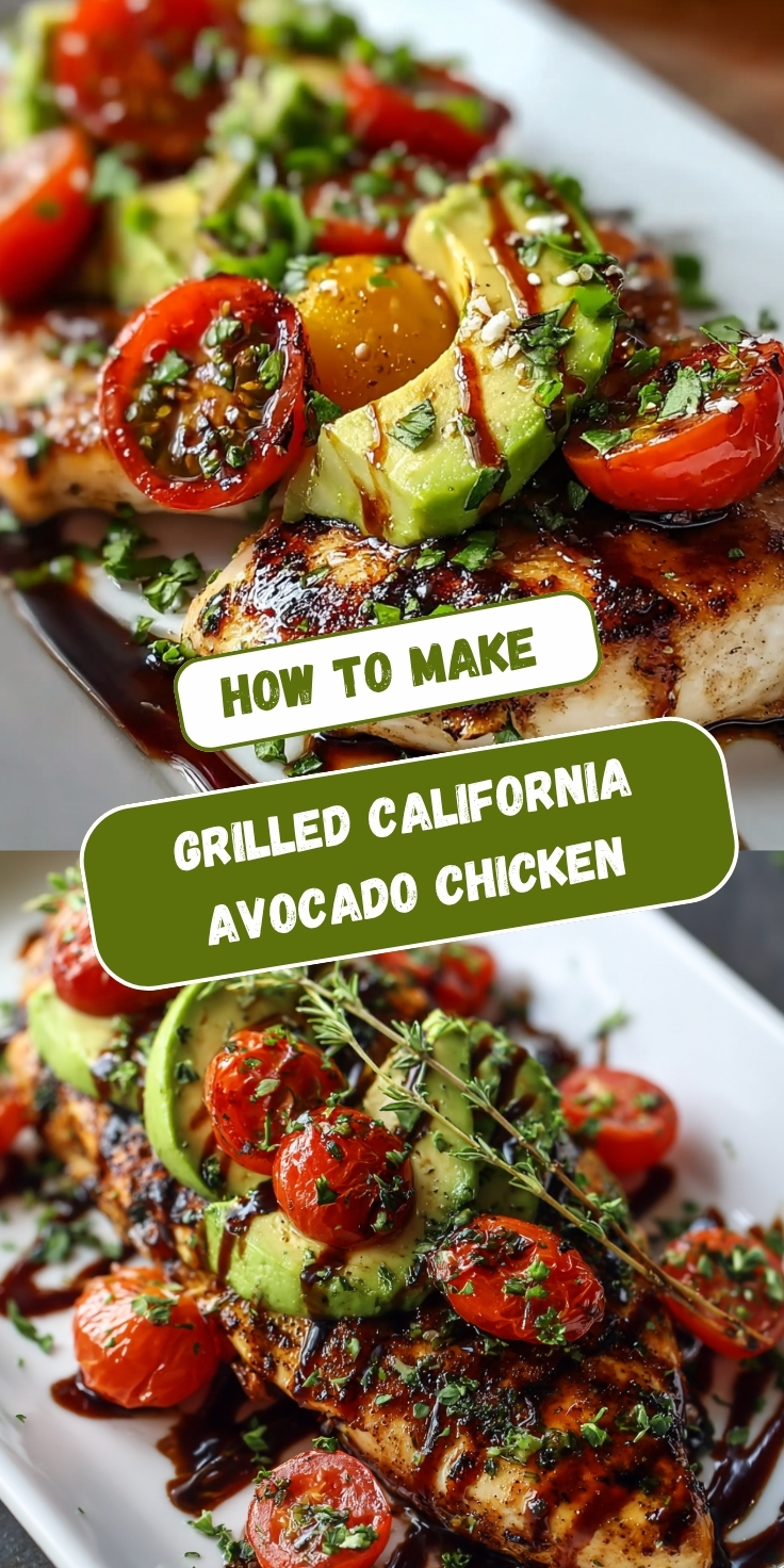 Two views of Grilled California Avocado Chicken topped with sliced avocado, roasted cherry tomatoes, fresh herbs, and a balsamic glaze drizzle on a white platter.