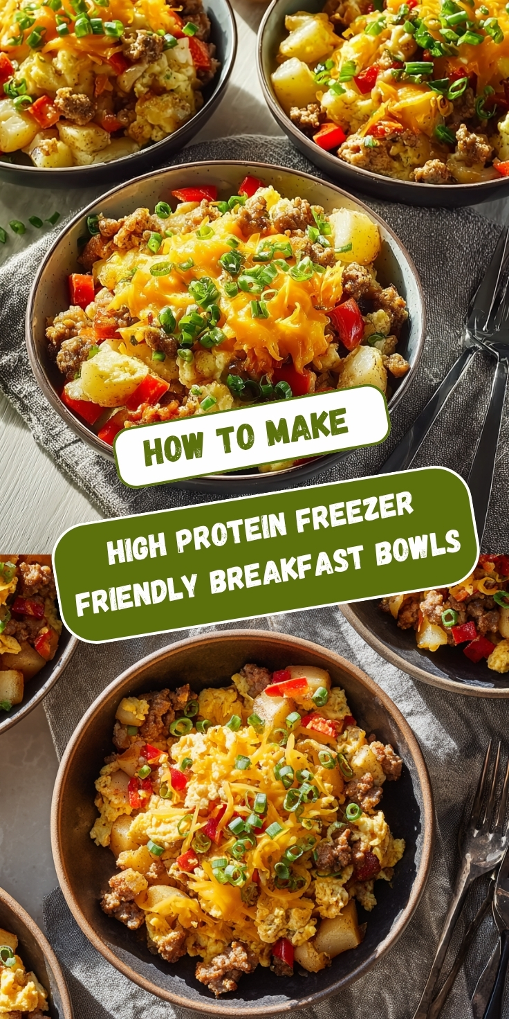 Pinterest-style recipe pin titled "How to Make High Protein Freezer Friendly Breakfast Bowls" featuring two food photos. The top image shows multiple dark ceramic bowls filled with a hearty mixture of diced potatoes, crumbled ground sausage, scrambled eggs, diced red bell peppers, and melted shredded cheddar cheese, garnished with sliced green onions, arranged on a gray linen with black forks alongside. The bottom image is a closer overhead view of a single dark bowl highlighting the same colorful breakfast bowl combination of fluffy scrambled eggs, browned sausage, potato chunks, red peppers, and golden melted cheese topped with fresh green onions, with additional bowls and forks partially visible around the edges.
