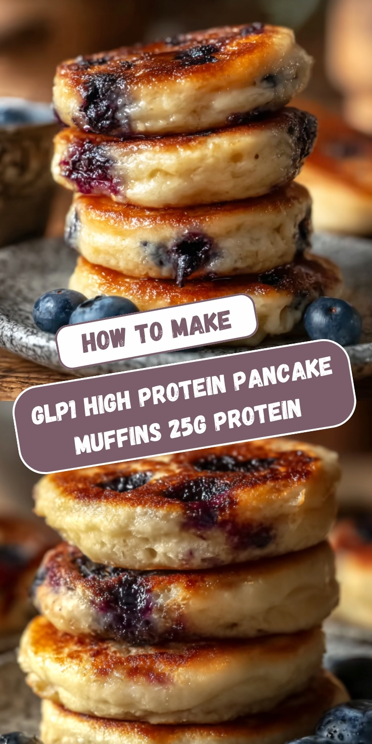 Pinterest-style recipe pin titled "How to Make GLP1 High Protein Pancake Muffins 25g Protein" featuring two food photos. The top image shows a tall stack of six golden-brown blueberry protein pancake muffins with deeply caramelized tops and burst blueberries throughout, balanced on a speckled gray ceramic plate with fresh whole blueberries scattered around the base, on a warm rustic wooden surface. The bottom image is a closer angled view of a similar tall stack of the same caramelized blueberry protein pancake muffins, highlighting the fluffy pale interior and deeply browned tops with jammy blueberry pockets, with fresh blueberries softly blurred in the background.