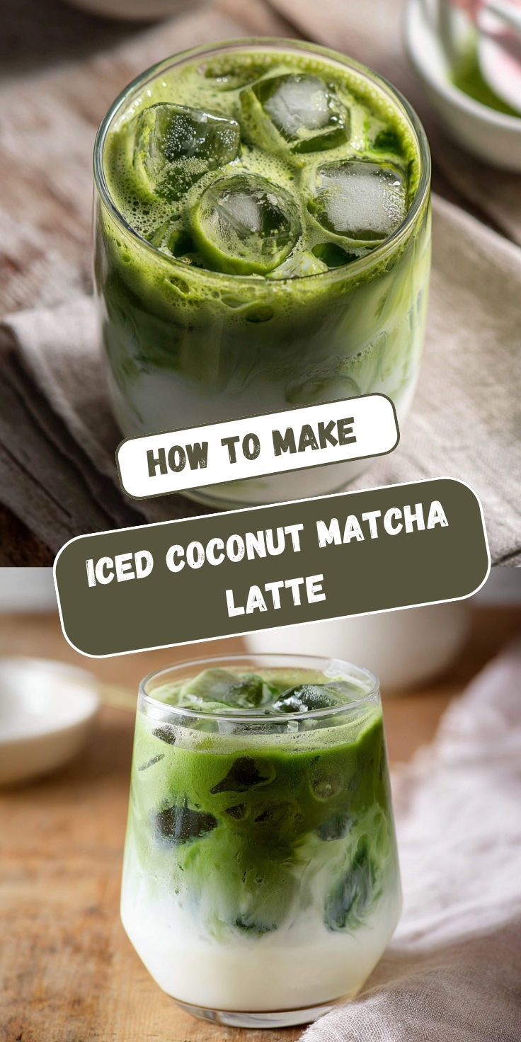 Two views of an Iced Coconut Matcha Latte with vibrant green matcha swirling into creamy white coconut milk over ice, served in a clear glass on a wooden surface.