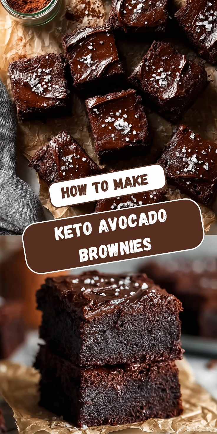 Two views of Keto Avocado Brownies — an overhead shot of multiple brownie squares with glossy chocolate glaze and flaky sea salt, and a close-up of two stacked brownies on parchment paper.