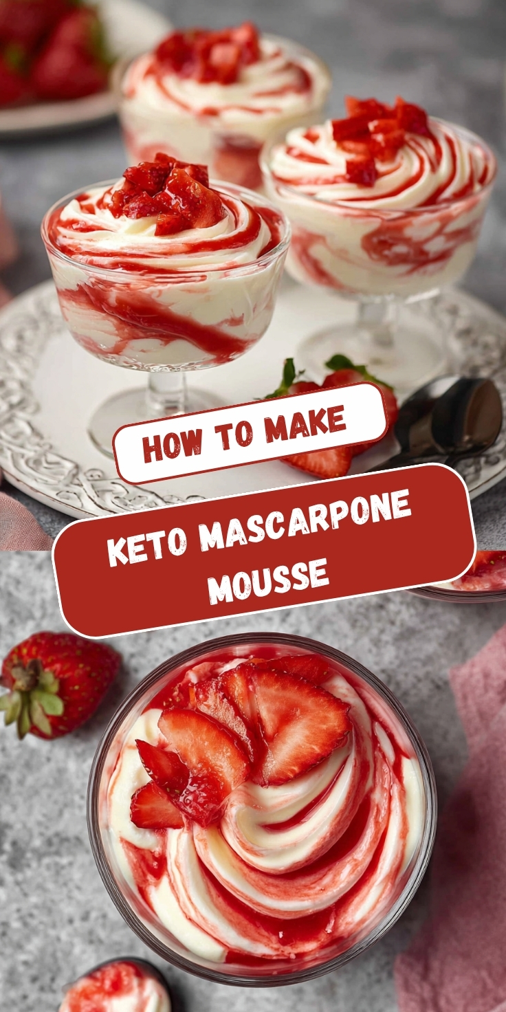 Pinterest-style recipe pin titled "How to Make Keto Mascarpone Mousse" featuring two food photos. The top image shows three crystal dessert glasses filled with fluffy whipped mascarpone mousse swirled with red strawberry sauce and topped with diced fresh strawberries, arranged on a decorative silver tray with a spoon and fresh strawberries alongside. The bottom image is an overhead close-up view of a single glass bowl showing the beautiful spiral swirl pattern of creamy white mousse and vibrant red strawberry sauce, garnished with sliced fresh strawberries, set on a gray surface with a pink linen napkin and whole strawberries nearby.