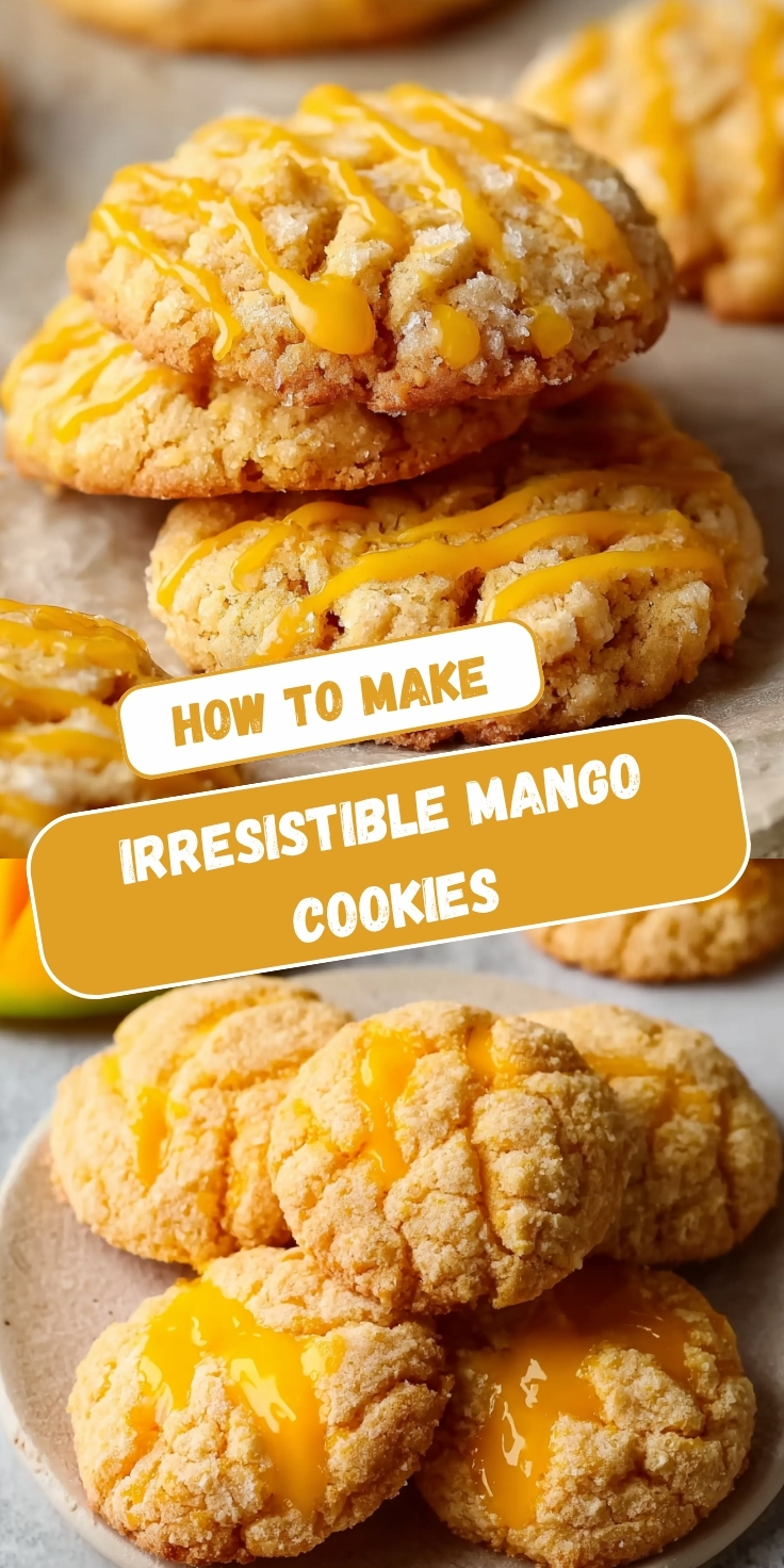 Pinterest-style recipe pin titled "How to Make Irresistible Mango Cookies" featuring two food photos. The top image shows a close-up stack of golden sugar-crusted mango cookies drizzled with bright yellow mango glaze in diagonal lines, on crinkled parchment paper with additional cookies and a fresh mango partially visible and softly blurred at the edges. The bottom image is an angled view of four mango cookies arranged on a speckled ceramic plate, highlighting their crinkled cracked texture and generous pooling bright yellow mango glaze drizzled across the top, on a light surface.