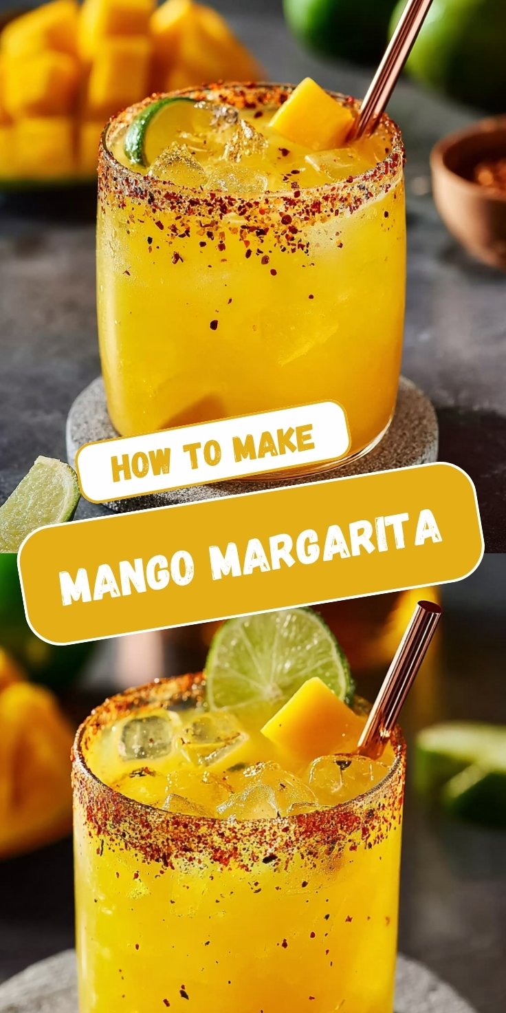 Pinterest-style recipe pin titled "How to Make Mango Margarita" featuring two food photos. The top image shows a rocks glass filled with vibrant golden mango margarita with a bold spicy red chili salt rim, garnished with a lime wedge, fresh mango cube, and rose gold metal straw, on a stone coaster on a dark gray surface with diced mango, whole limes, and a small wooden bowl of chili spice softly blurred in the background. The bottom image is a closer view of a taller glass version of the same golden mango margarita with an equally bold spicy chili rim, packed with ice cubes, garnished with a full lime wheel, fresh mango chunk, and rose gold straw, with whole mangoes and lime wedges warmly blurred behind on a dark surface.