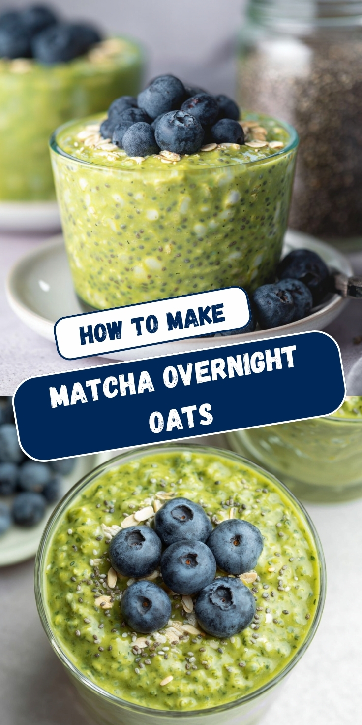 Pinterest-style recipe pin titled "How to Make Matcha Overnight Oats" featuring two food photos. The top image shows a clear glass jar filled with vibrant green matcha overnight oats studded with chia seeds and rolled oats, crowned with a generous pile of fresh plump blueberries, placed on a sage green ceramic plate with additional blueberries alongside, with a glass jar of chia seeds and a second oat jar softly blurred in the background on a light surface. The bottom image is a close overhead view looking down into the same glass jar, showcasing the bright green matcha oat mixture with visible chia seeds and rolled oats, topped with a cluster of six plump fresh blueberries, with additional blueberries and a jar partially visible at the edges on a white surface.