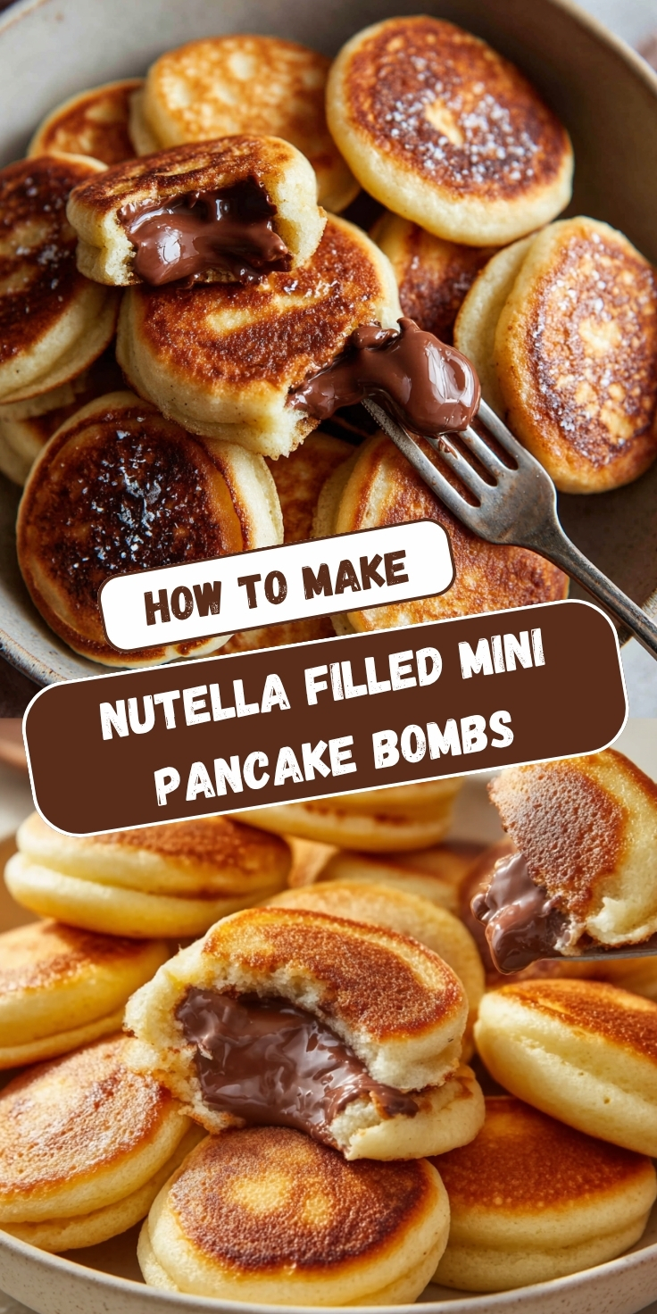 Golden-brown fluffy mini pancake bombs in a ceramic bowl, one broken open by a fork to reveal a gooey melted Nutella filling, with a close-up view showing the rich chocolate-hazelnut center oozing out.